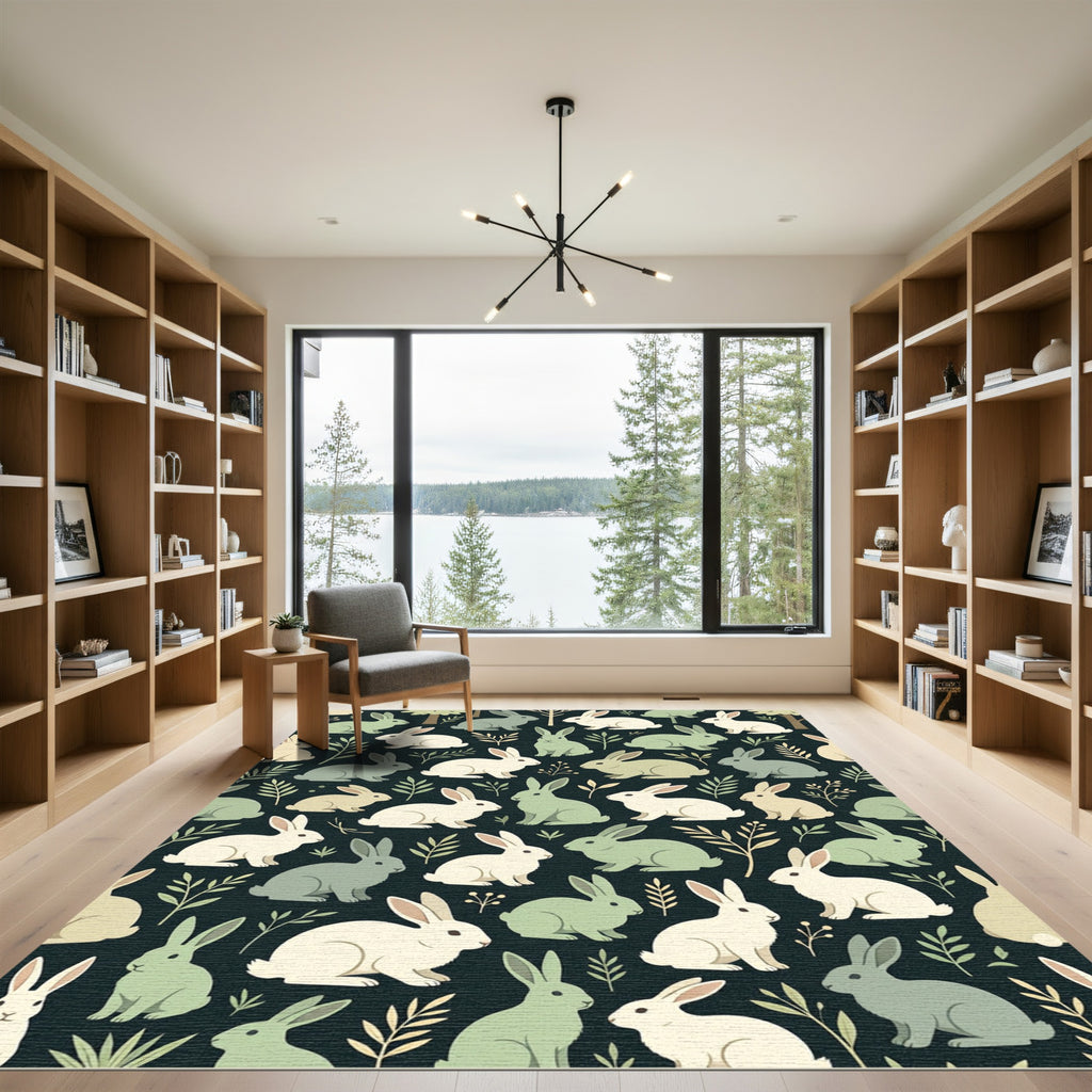 Whimsical Forest Rabbit Sage Garden Rug