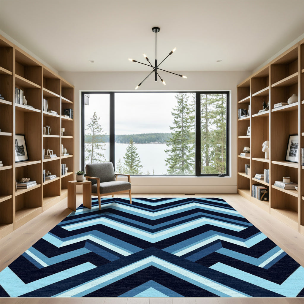Modern Geometric Blue Chevron Zigzag Rug