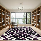 Modern Purple Black Overlapping Geometric Grid Rug