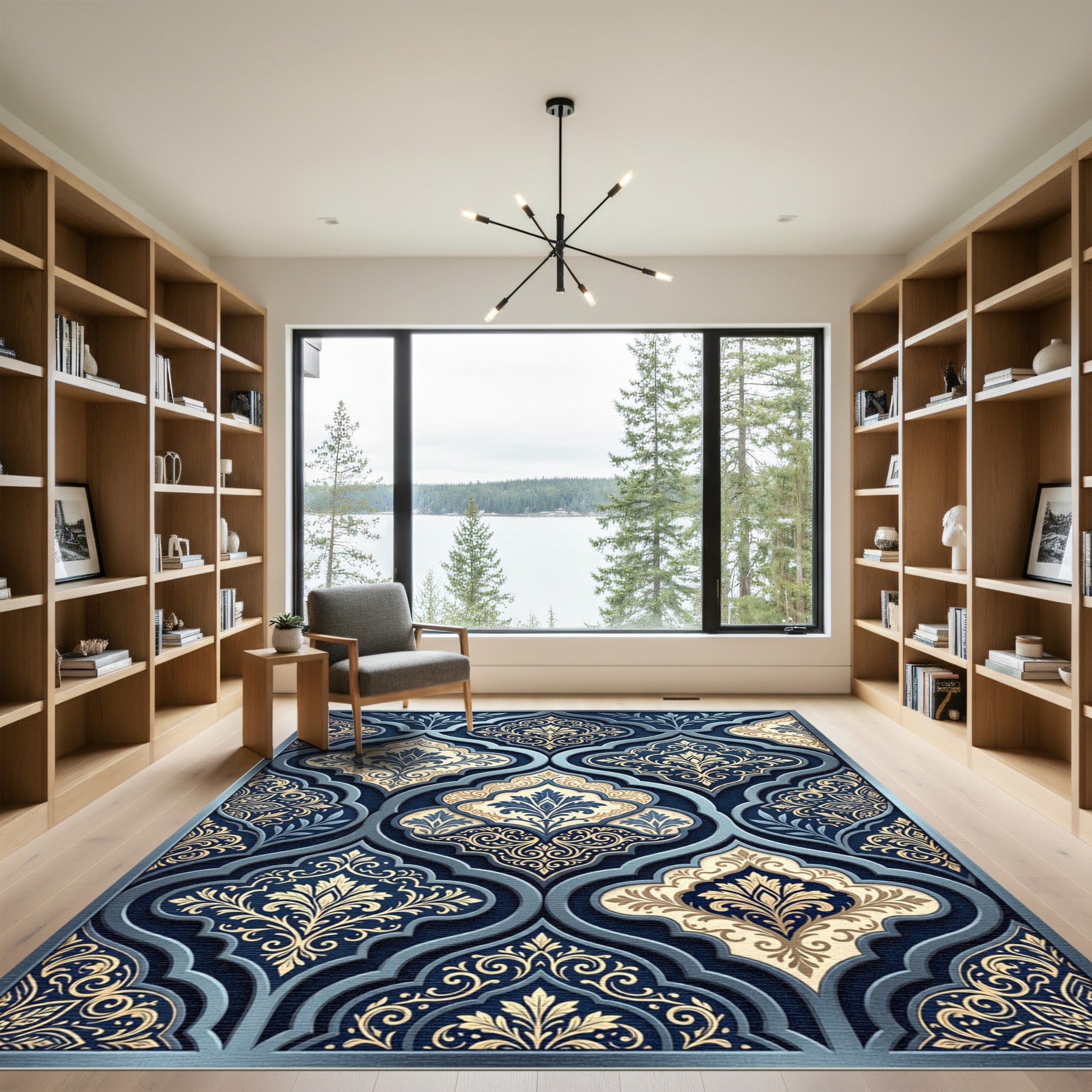 Elegant Navy Gold Damask Scroll Art Rug