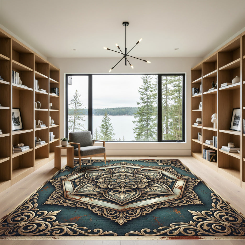 Ornate Teal and Gold Mandala Medallion Rug