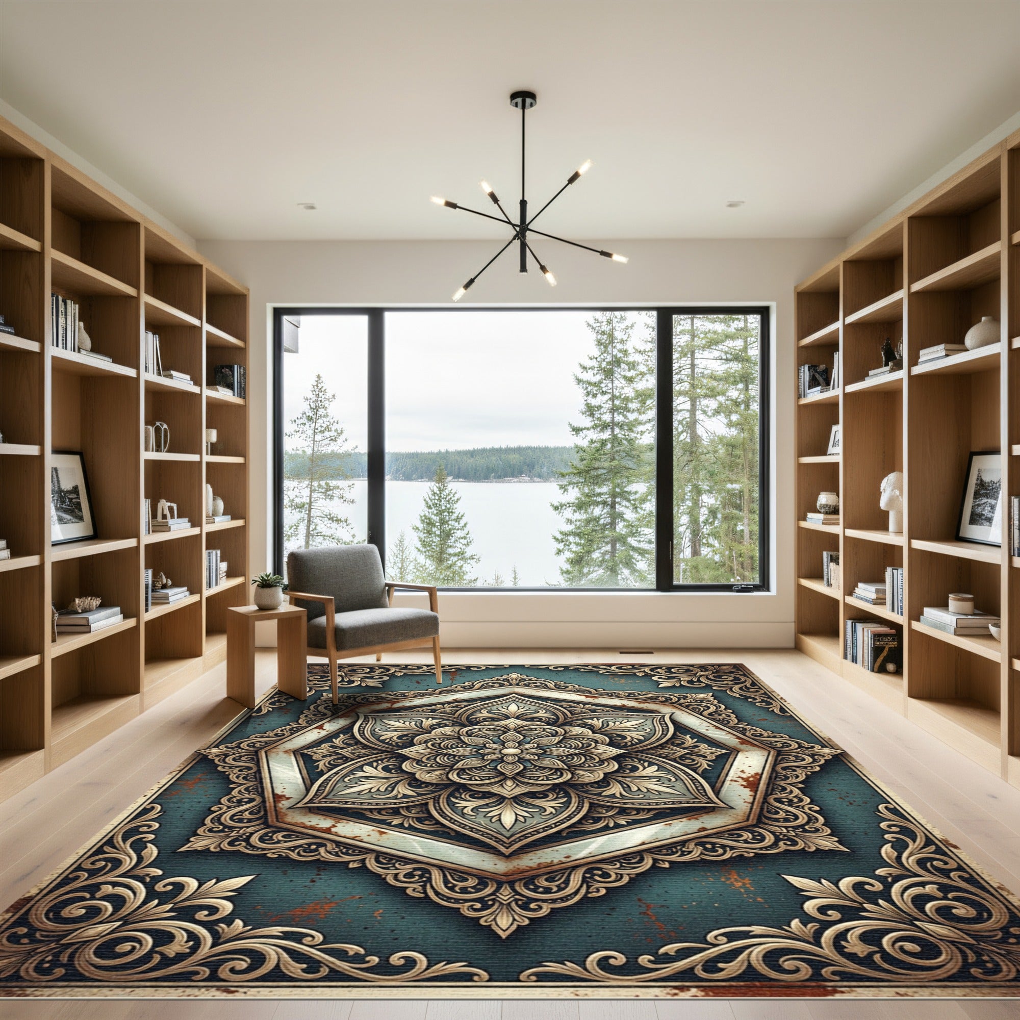 Ornate Teal and Gold Mandala Medallion Rug