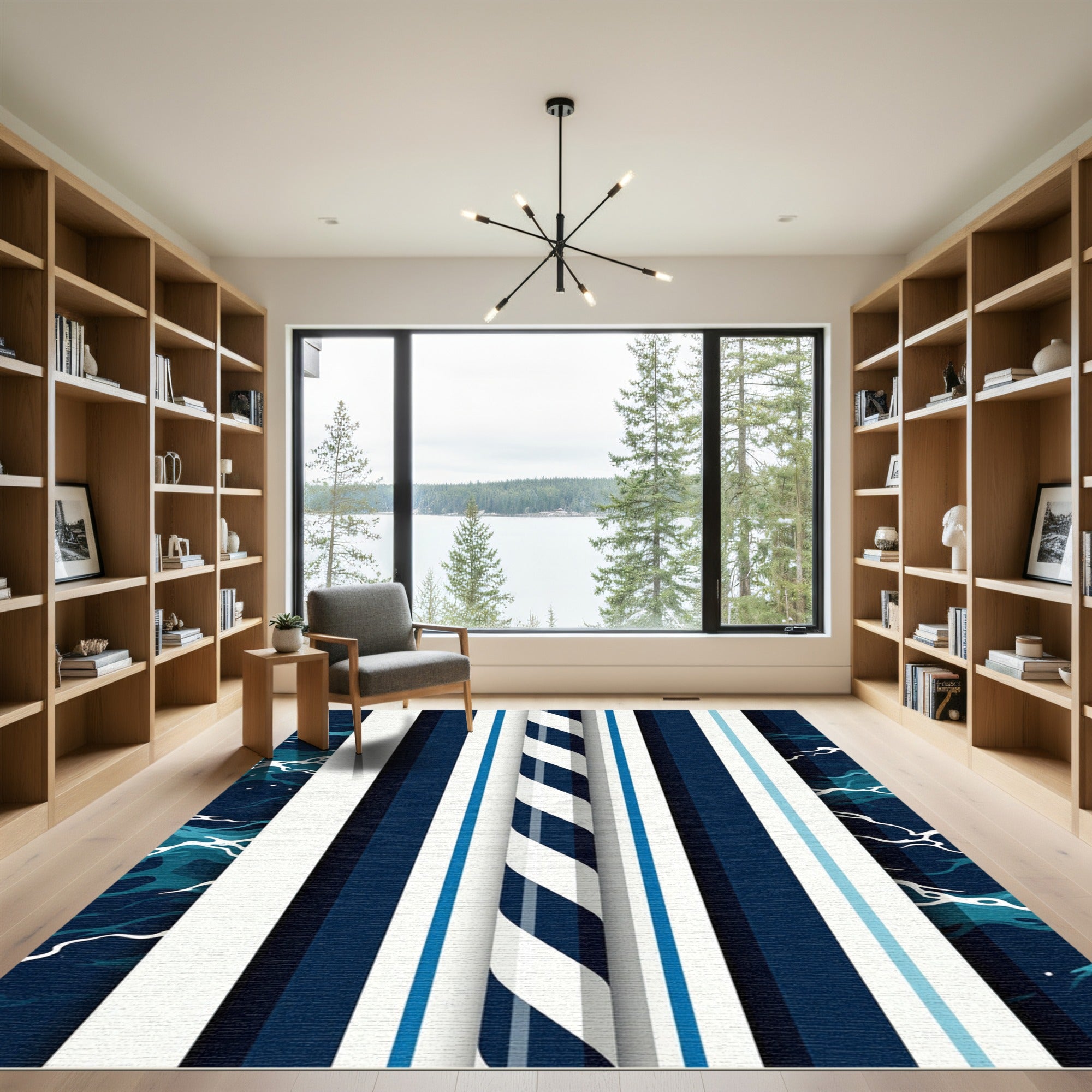 Navy Blue White Bold Striped Waves Rug
