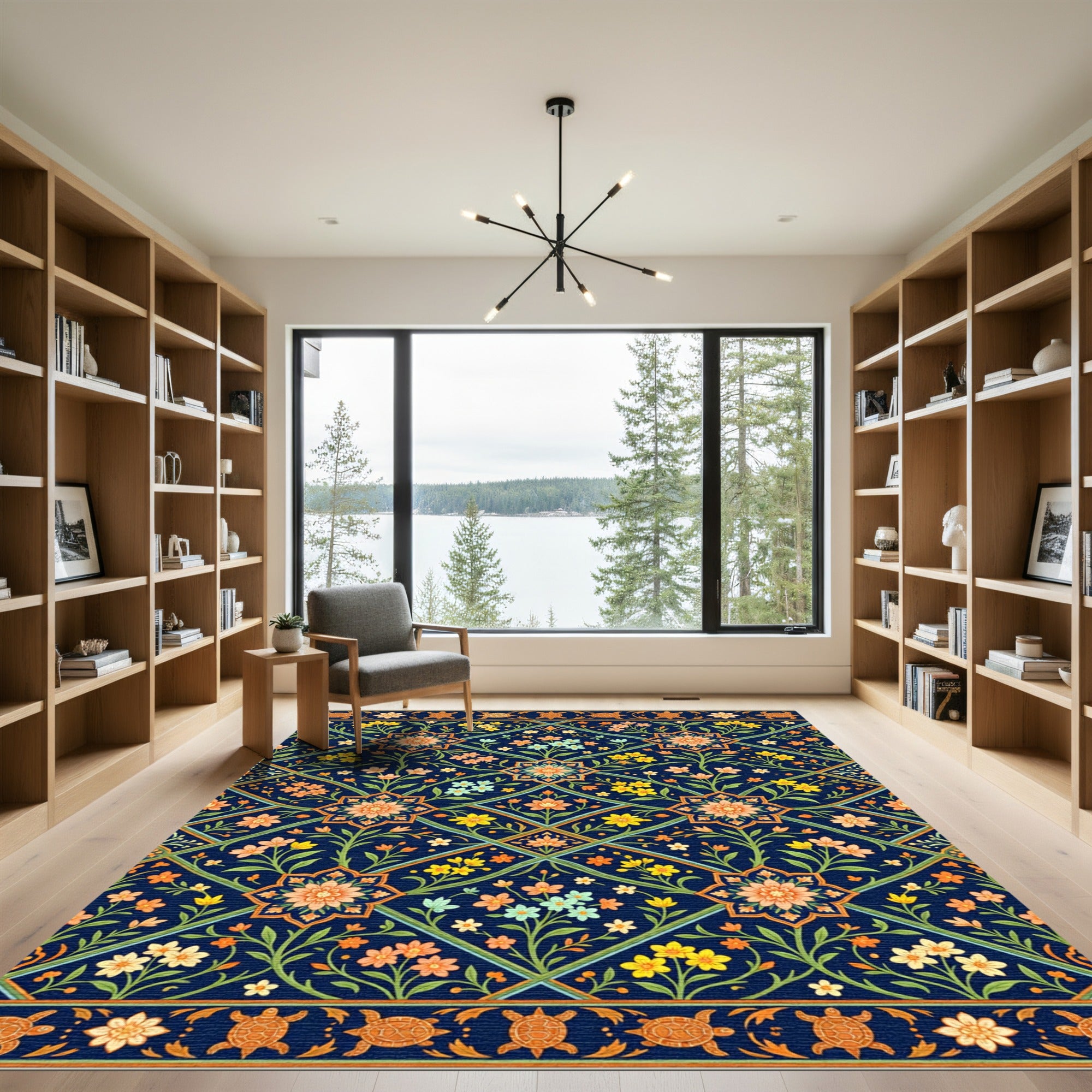 Navy Floral Lattice with Turtle Border Rug