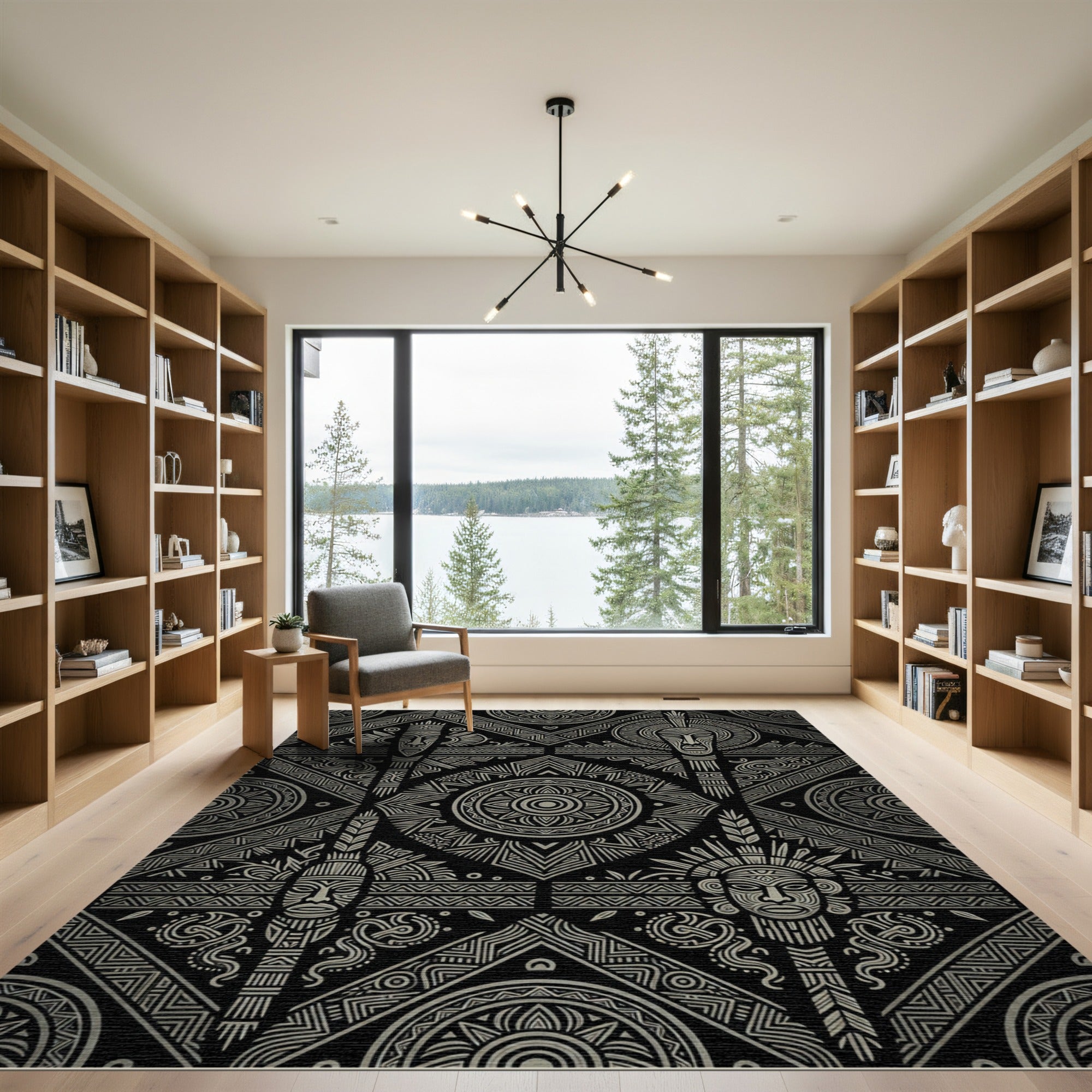 Tribal Mask Geometric Grey Pattern Rug
