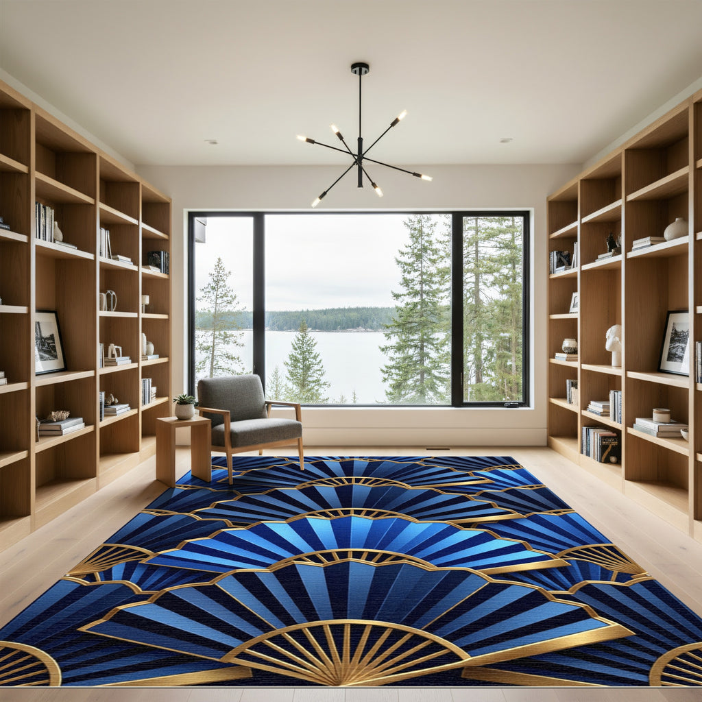 Art Deco Blue Gold Fan Repeat Rug