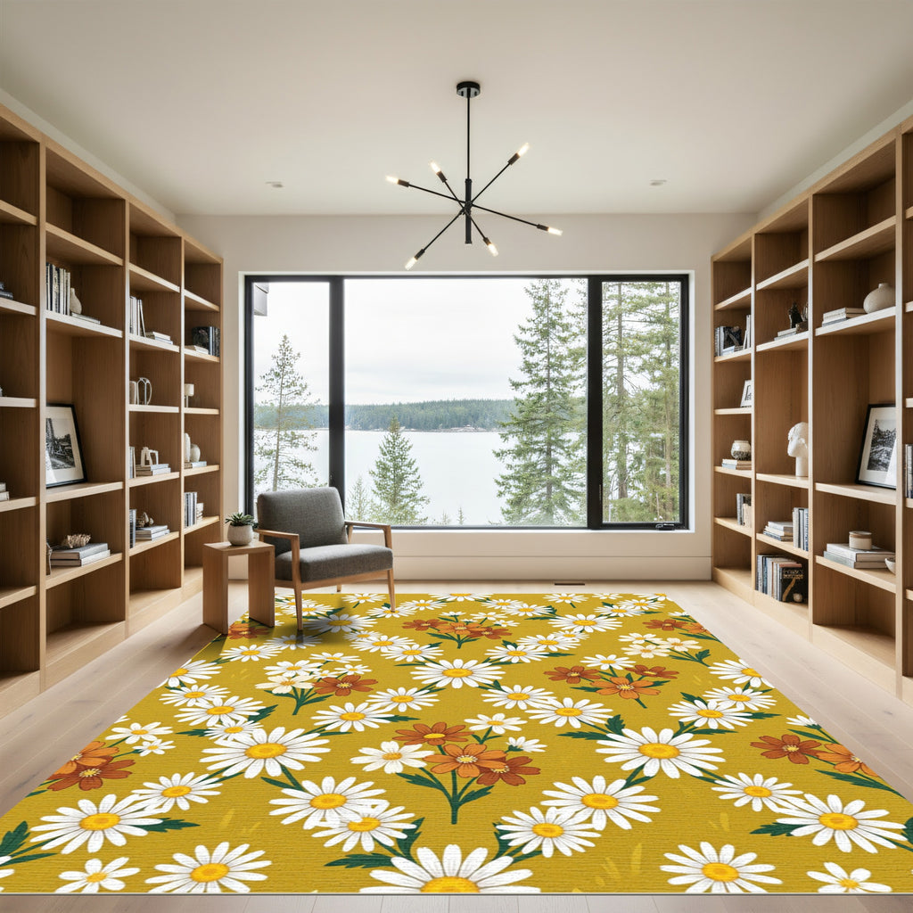Retro Golden Mustard Daisy Meadow Rug