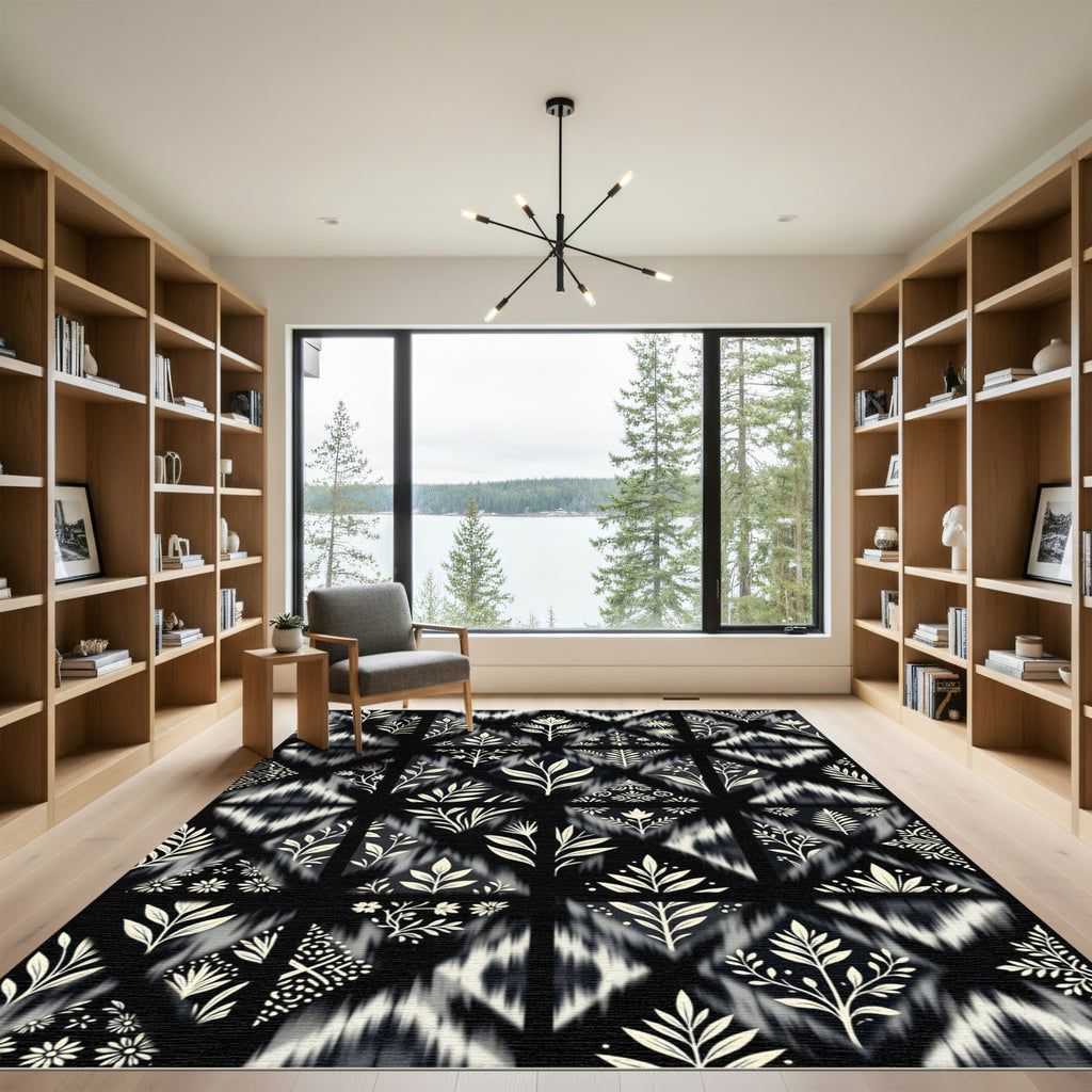 Black and Cream Botanical Diamond Rug