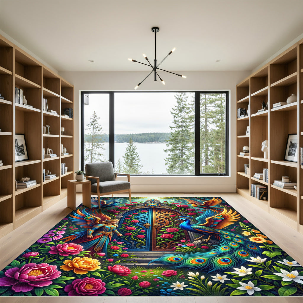Enchanted Peacock Garden Rose Gate Rug