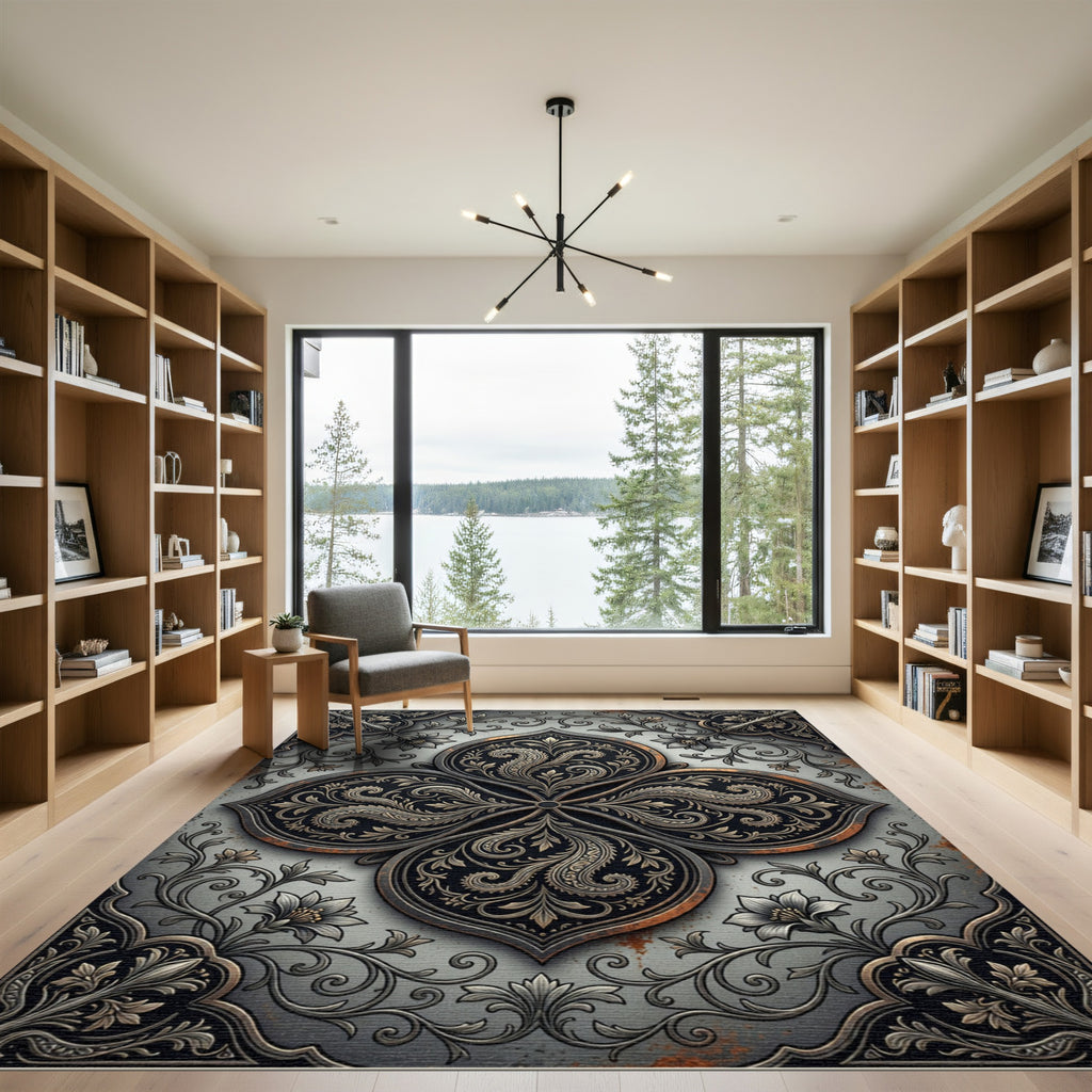 Ornate Charcoal Bronze Filigree Medallion Rug