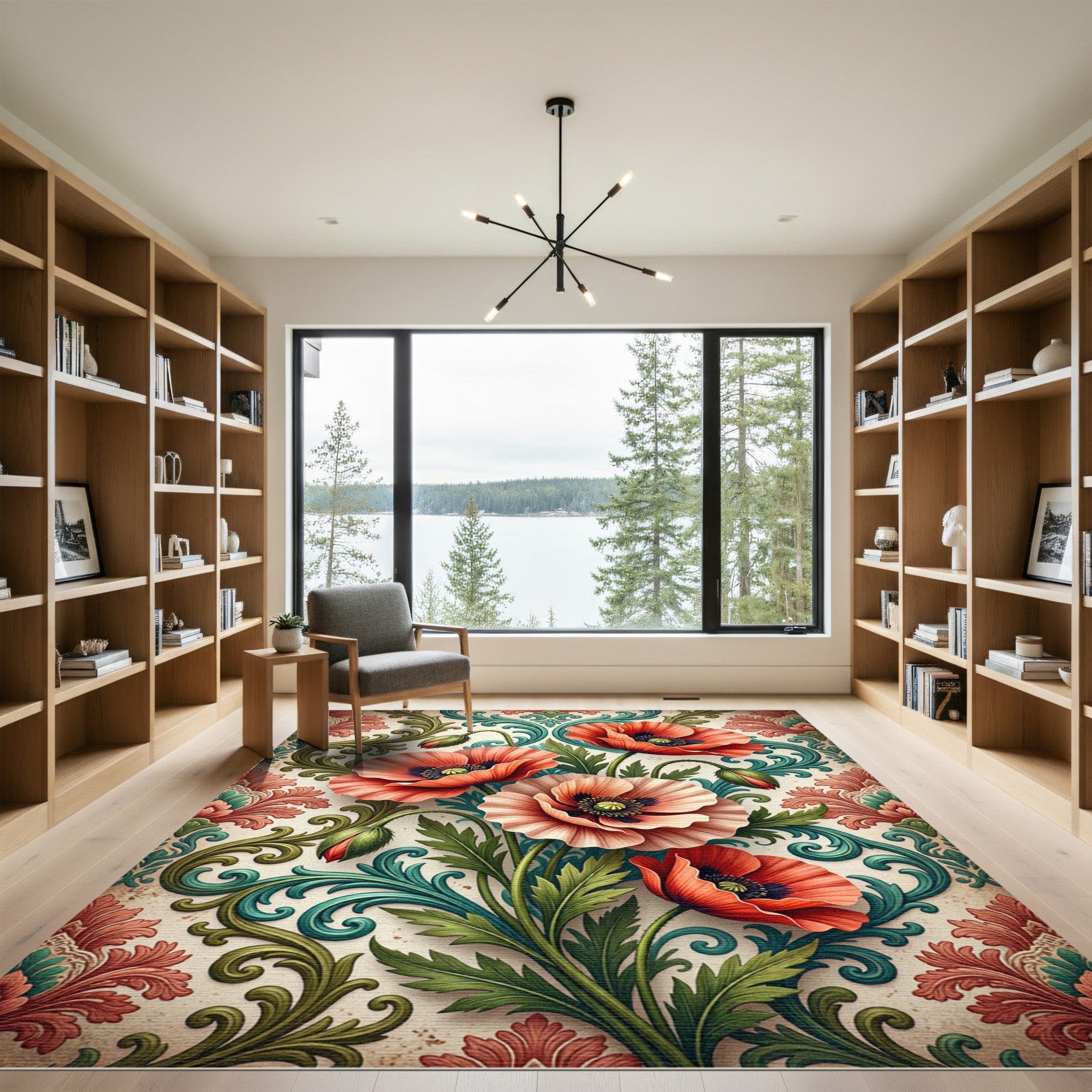 Elegant Poppy Flower Scroll Damask Art Rug