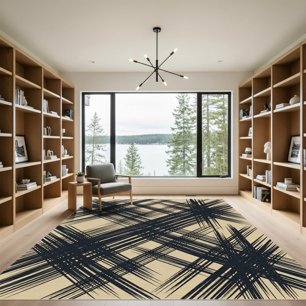 Dark Teal Grunge Plaid Lines Rug