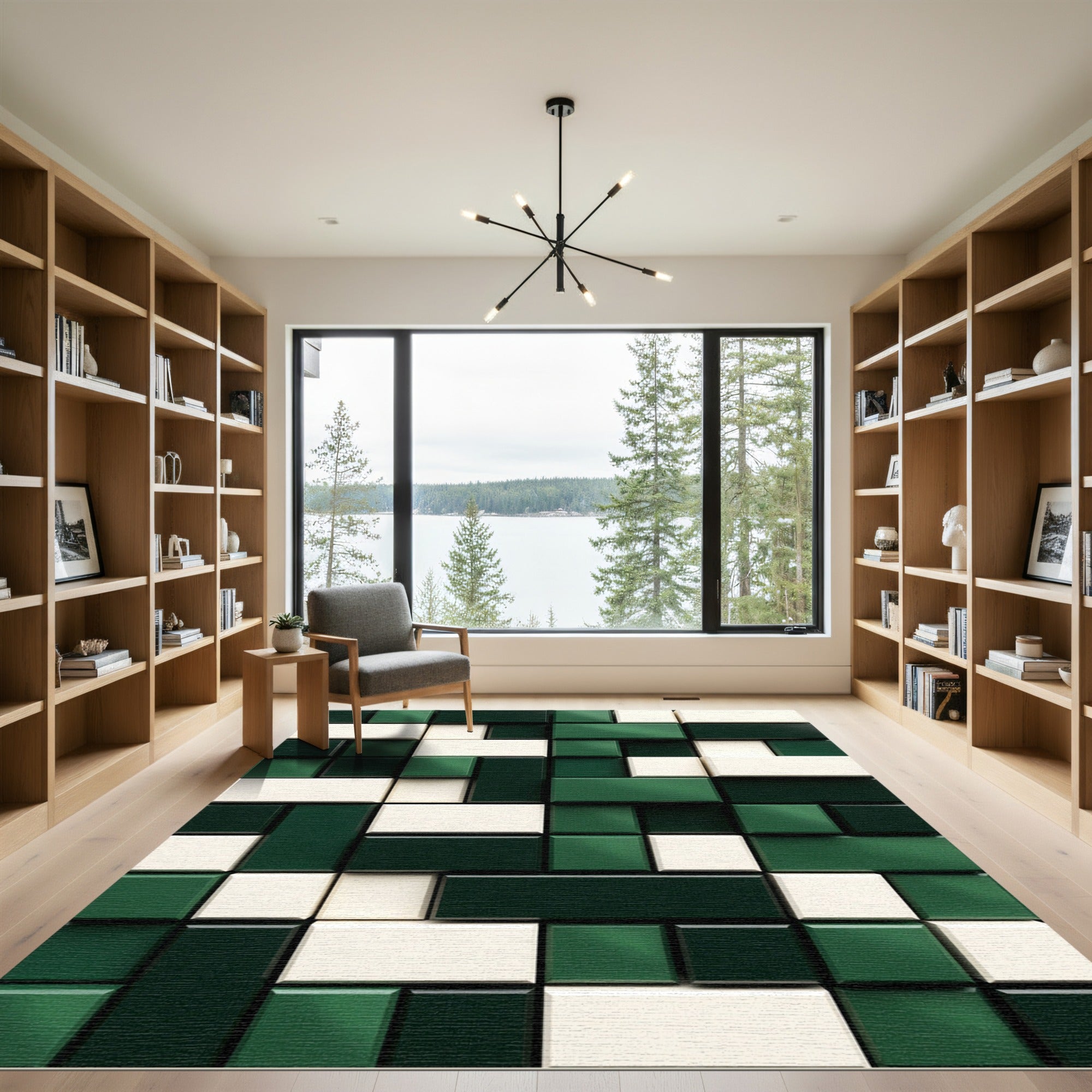 Emerald Green Ivory Geometric Blocks Rug