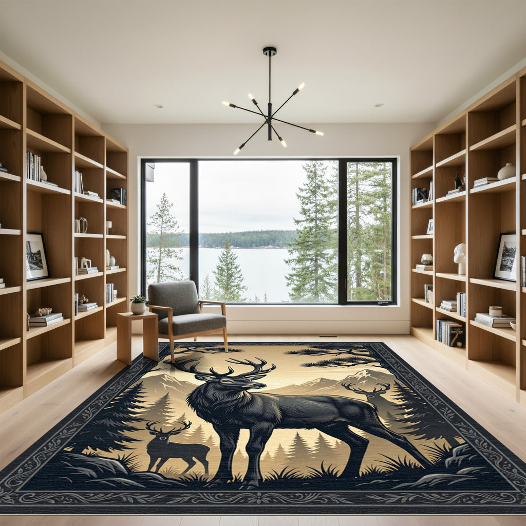 Majestic Stag Mountain Forest Silhouette Rug