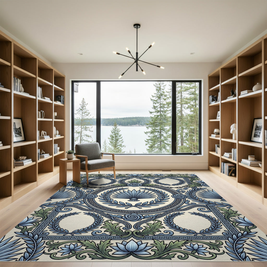 Neoclassical Blue Laurel Rose Medallion Rug