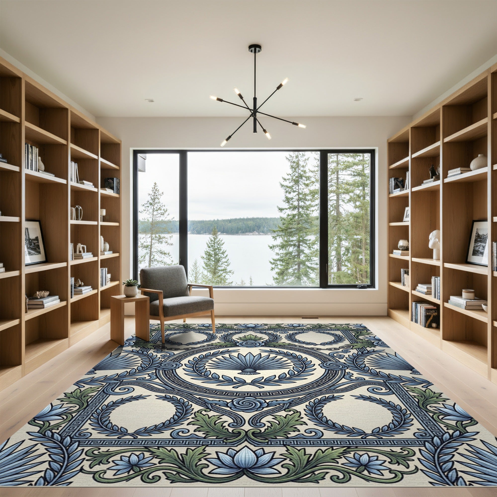 Neoclassical Blue Laurel Rose Medallion Rug