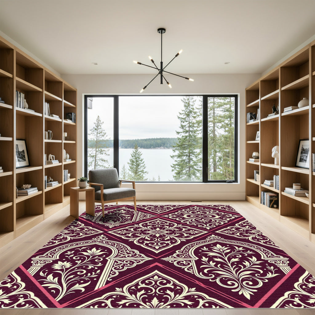 Damask Burgundy Cream Ornate Geometric Lattice Rug