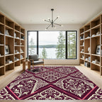 Damask Burgundy Cream Ornate Geometric Lattice Rug