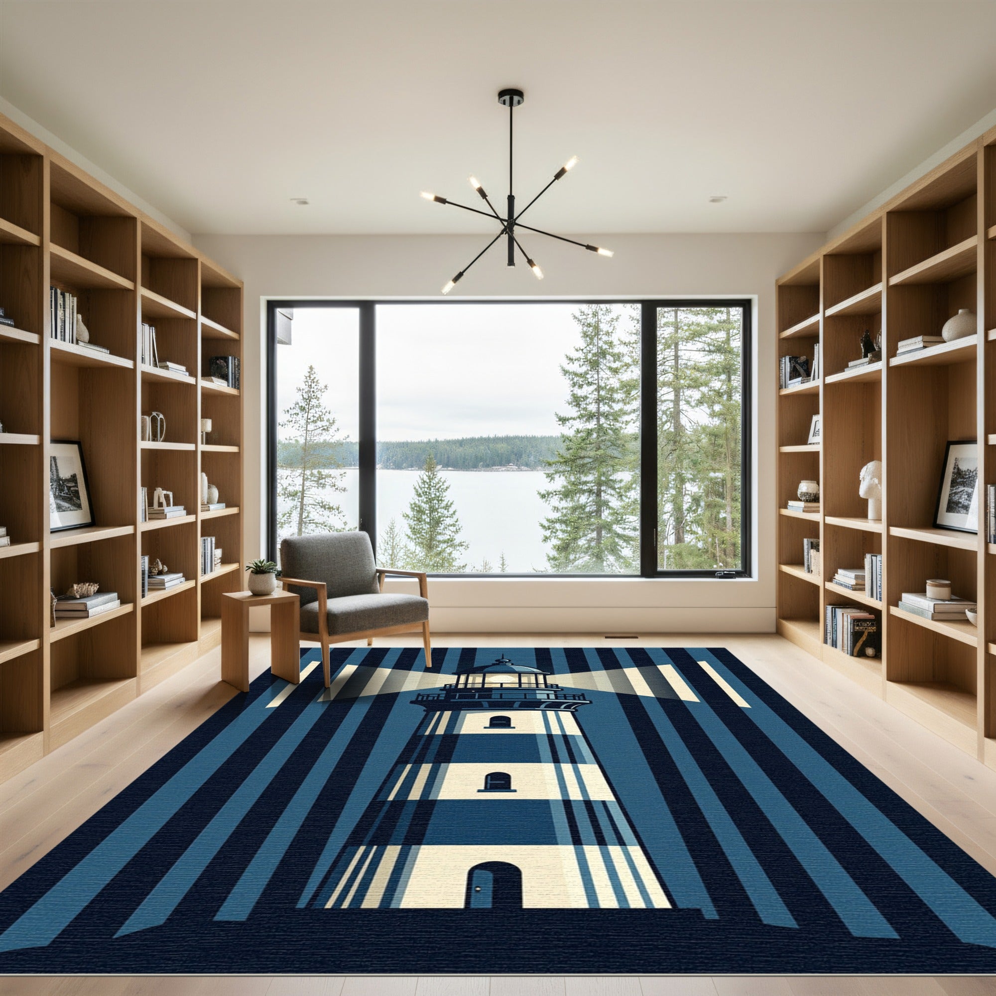 Graphic Blue Striped Nautical Beacon Rug
