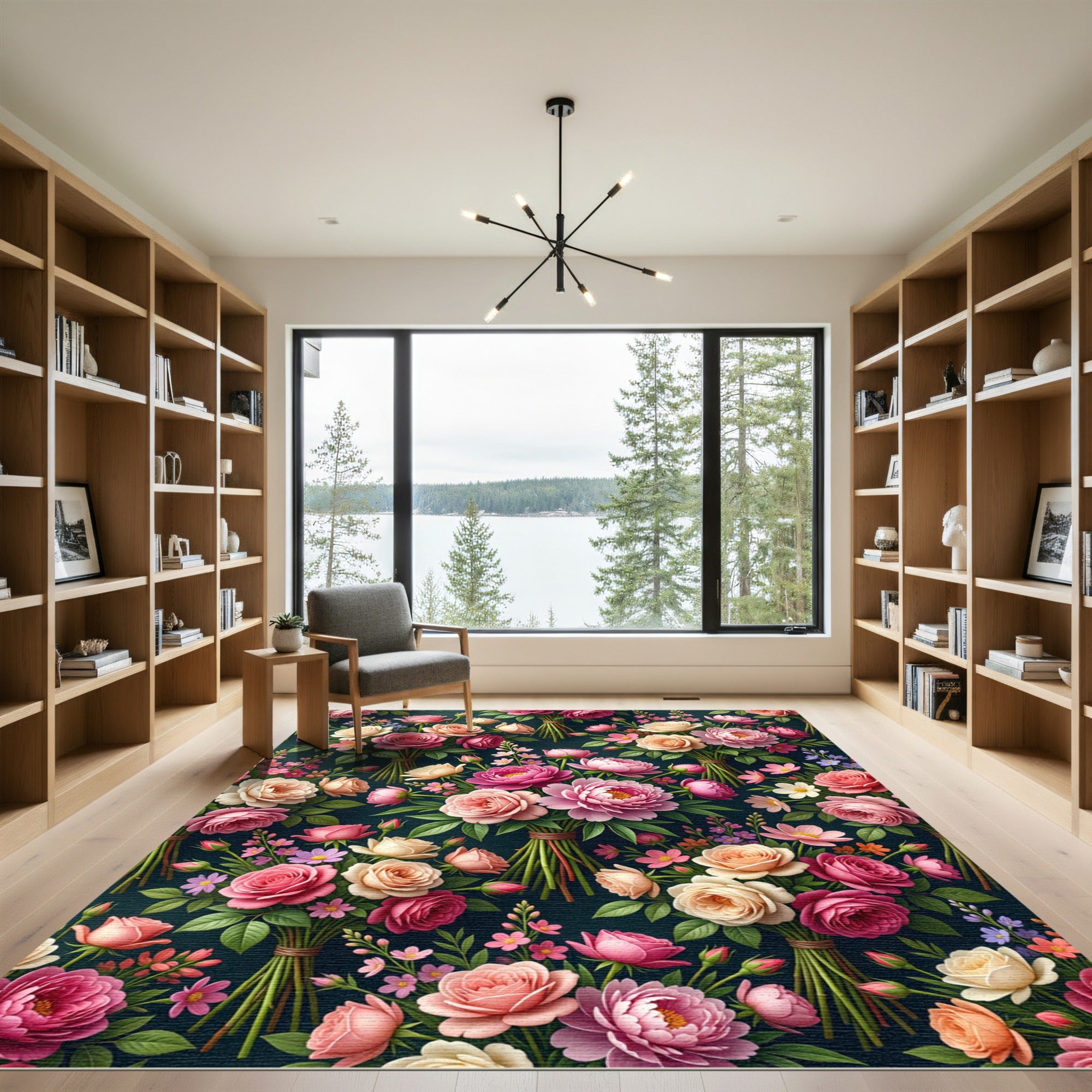 Elegant Pink Peony Rose Floral Bouquet Rug