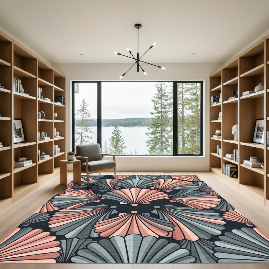 Art Deco Coral Teal Fan Rug