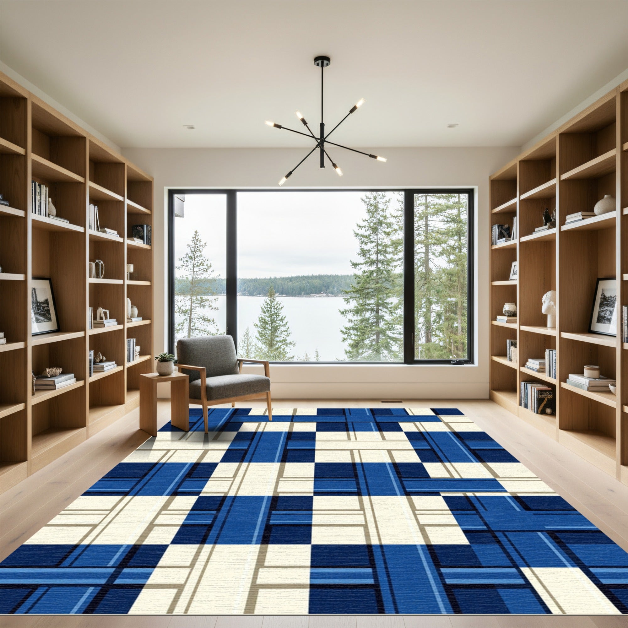 Navy and Cream Geometric Plaid Rug