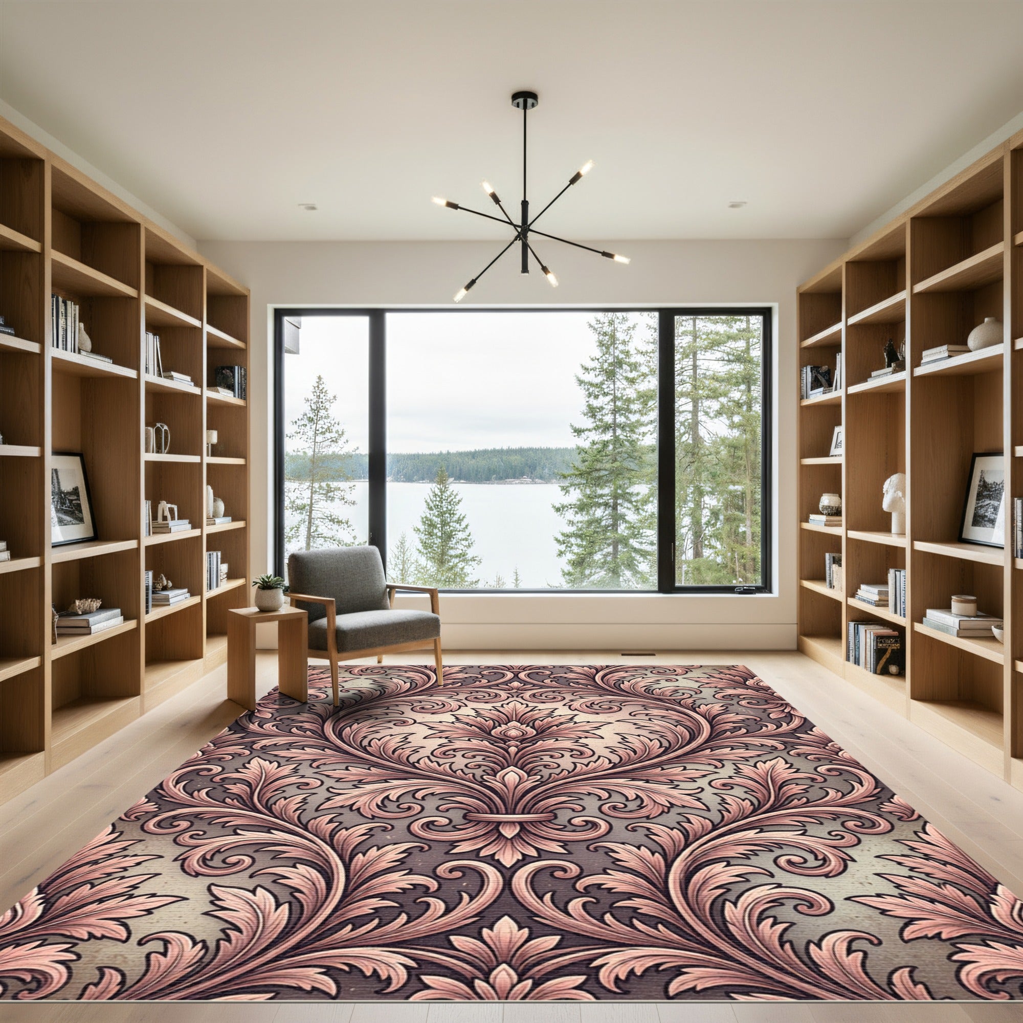 Elegant Blush Damask Scroll Foliage Rug