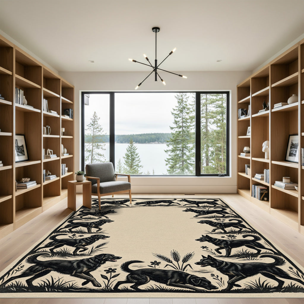 Vintage Black Dog Meadow Illustration Rug