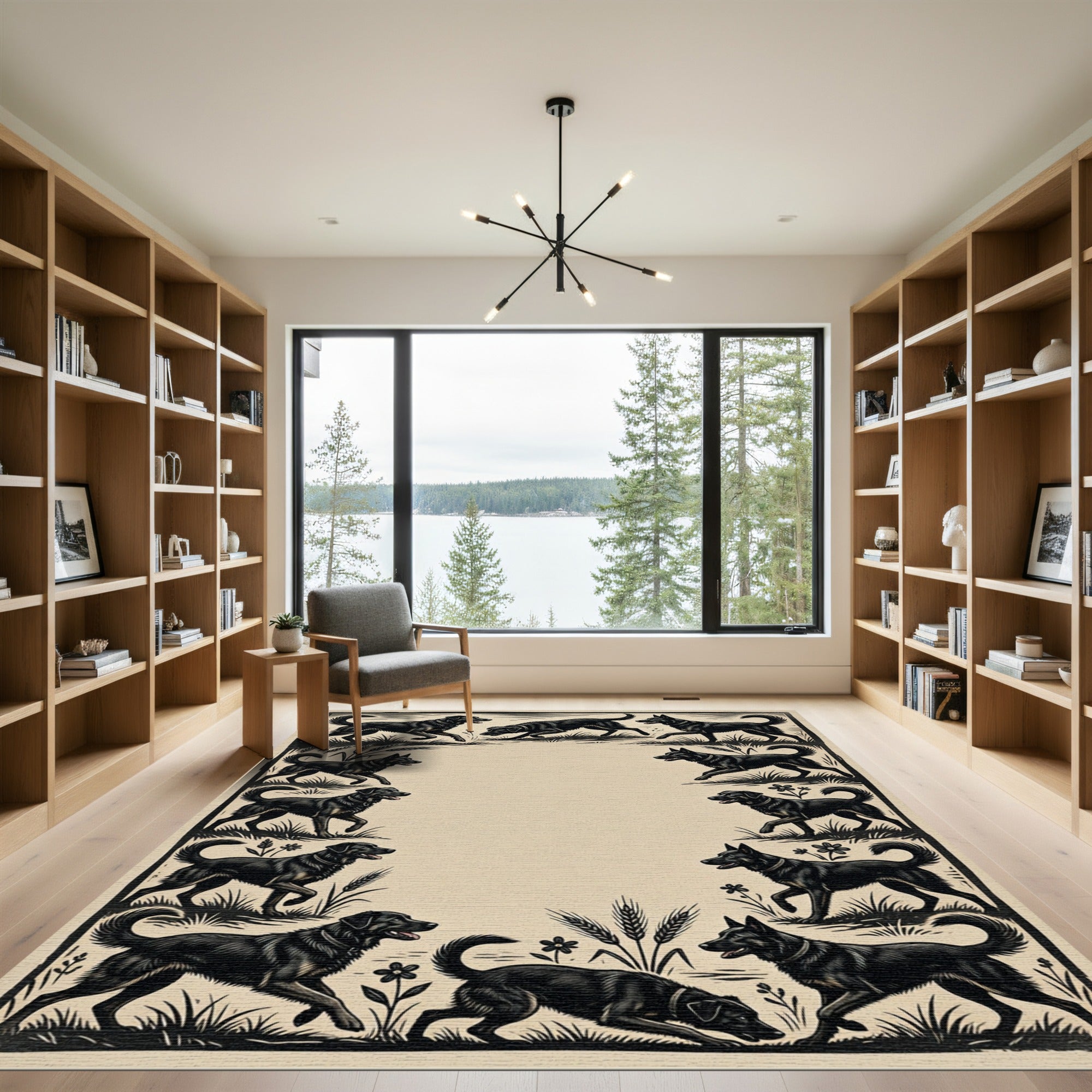 Vintage Black Dog Meadow Illustration Rug