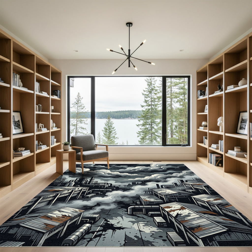 Dark Industrial Smoke Cloud Factory Rug