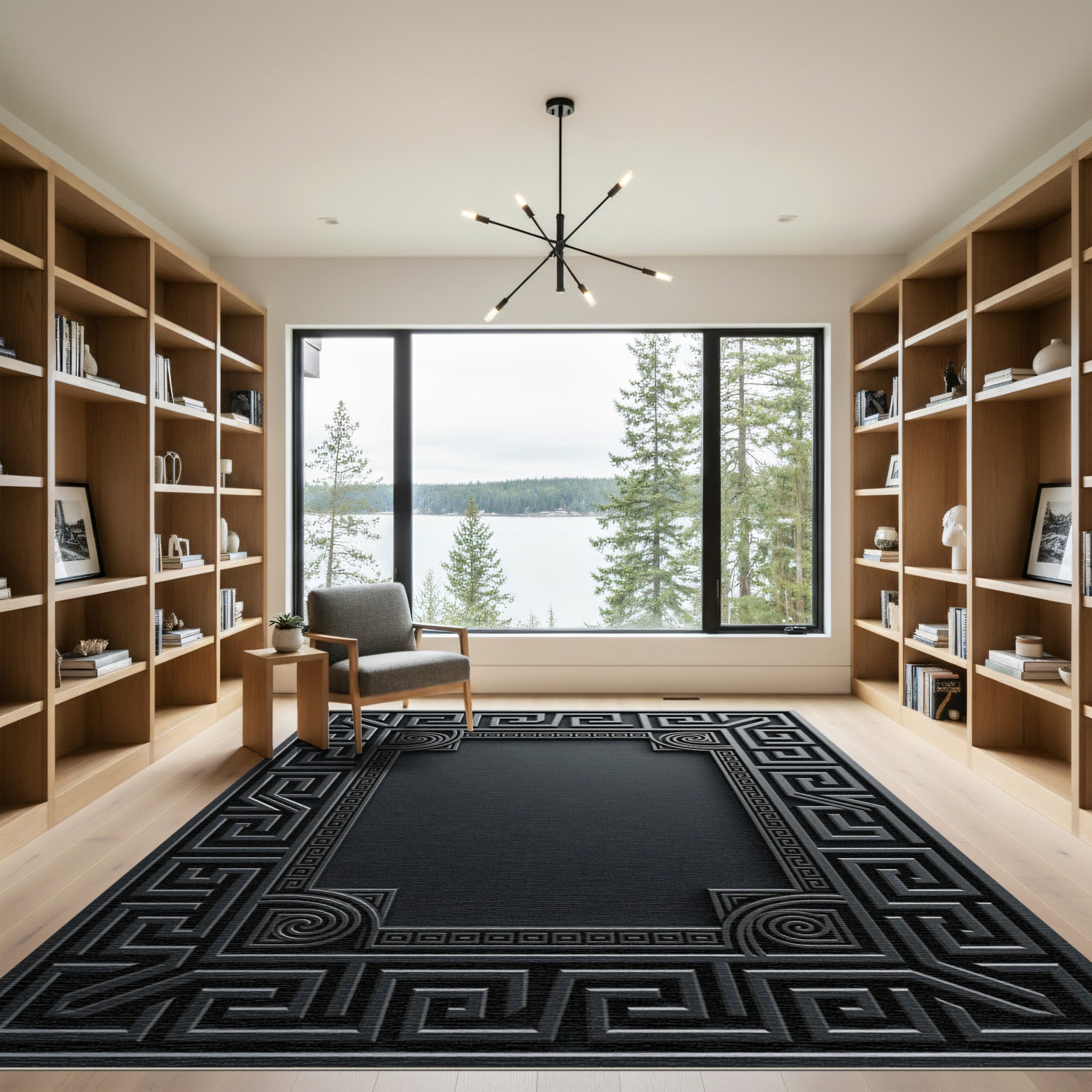Dark Gray Greek Key Border Rug