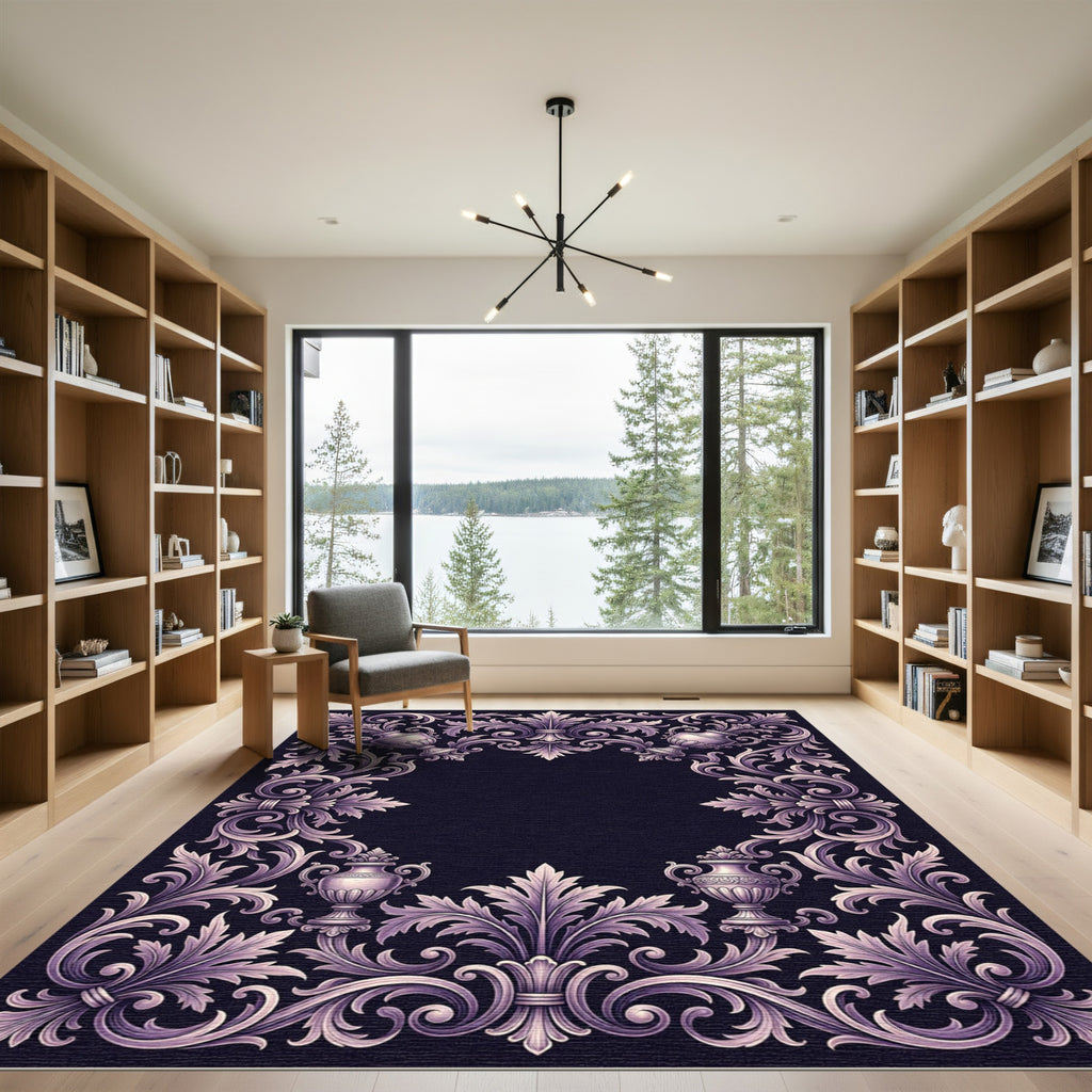Ornate Lilac Urn Acanthus Scrollwork Rug