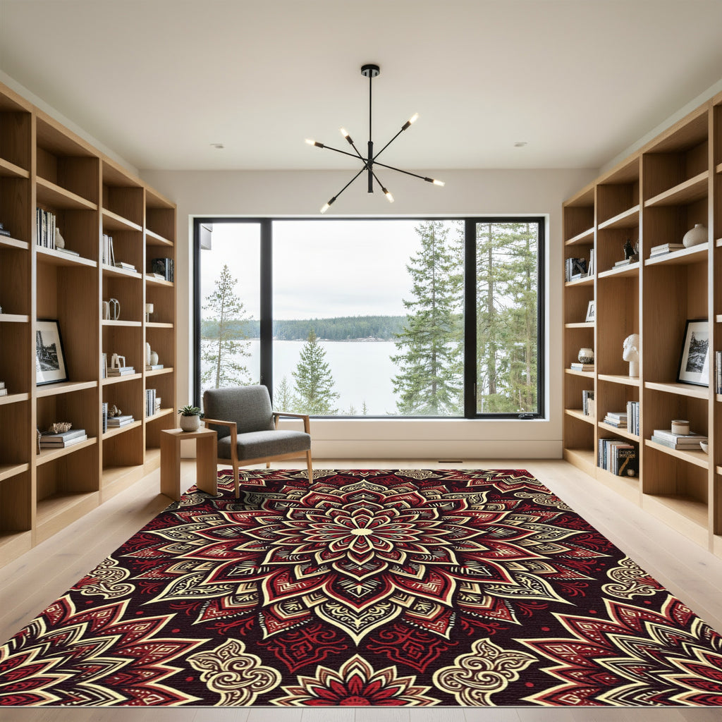 Deep Red Gold Floral Mandala Rug