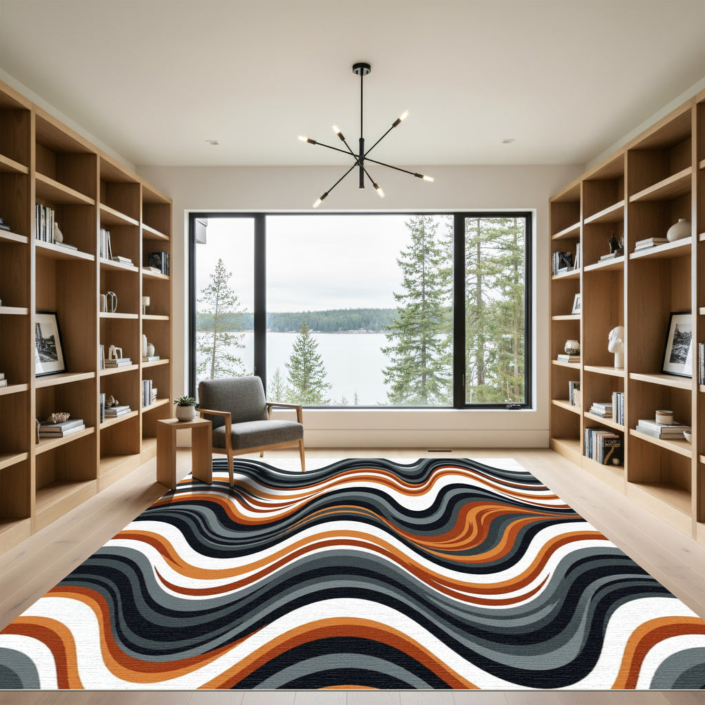 Modern Abstract Burnt Orange Wavy Flow Rug