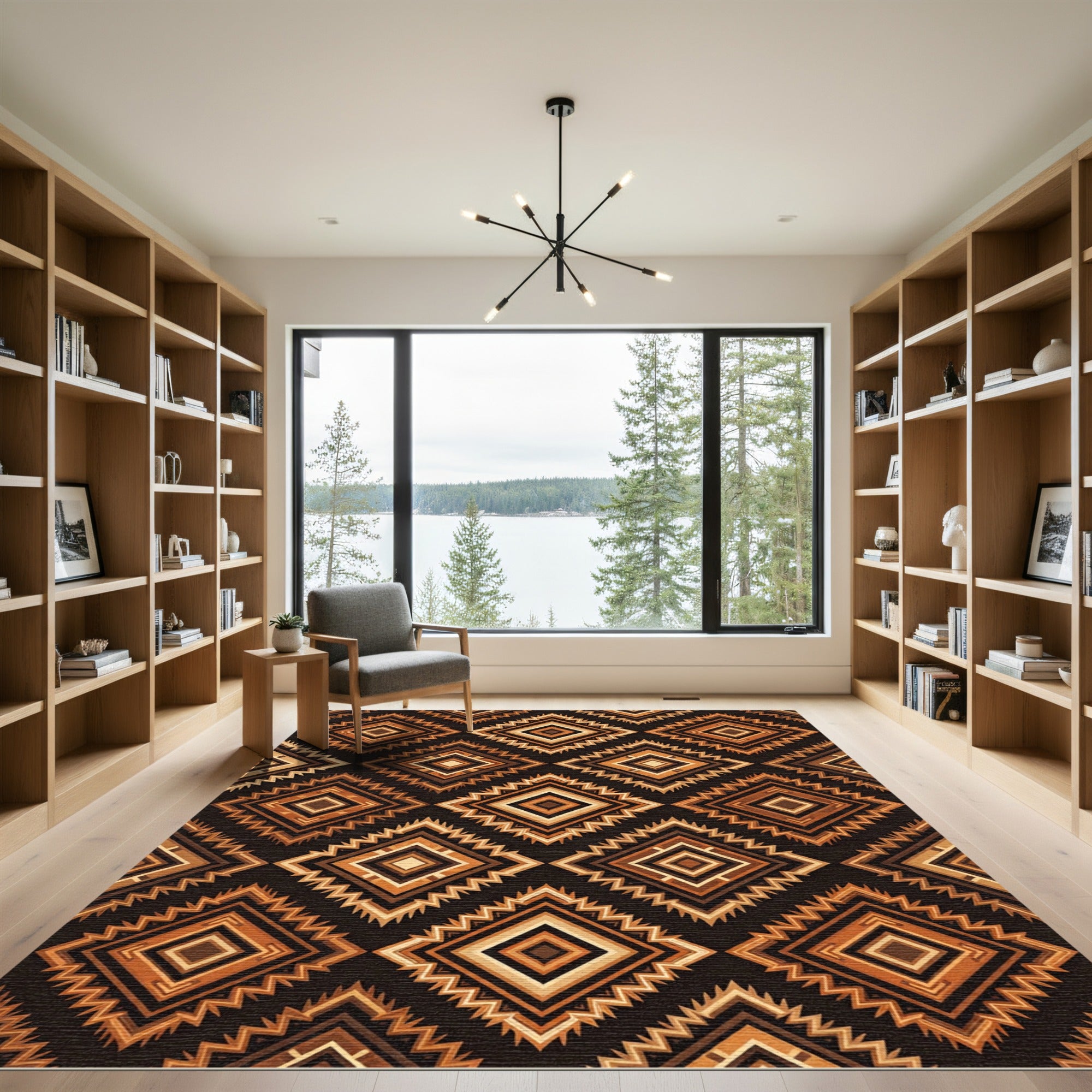 Earthy Brown Zigzag Geometric Diamond Rug