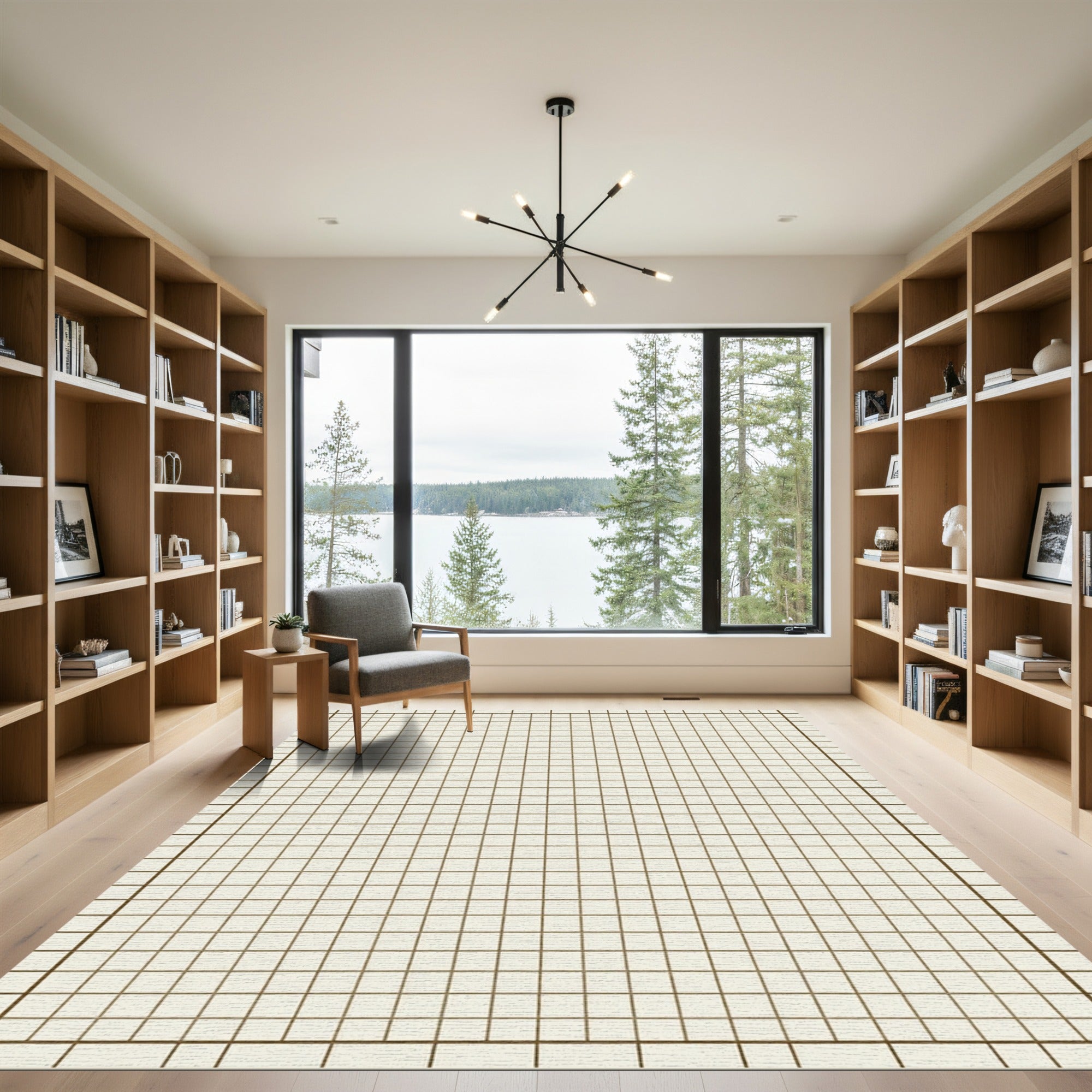 Minimalist Tan Cream Grid Block Rug