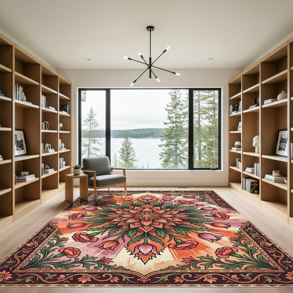 Radiant Coral Floral Burst Mandala Rug
