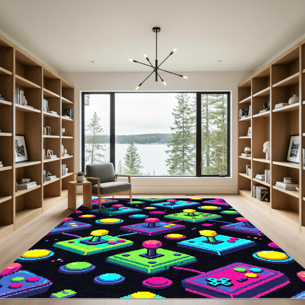 Neon Arcade Joystick Retro Gaming Grid Rug