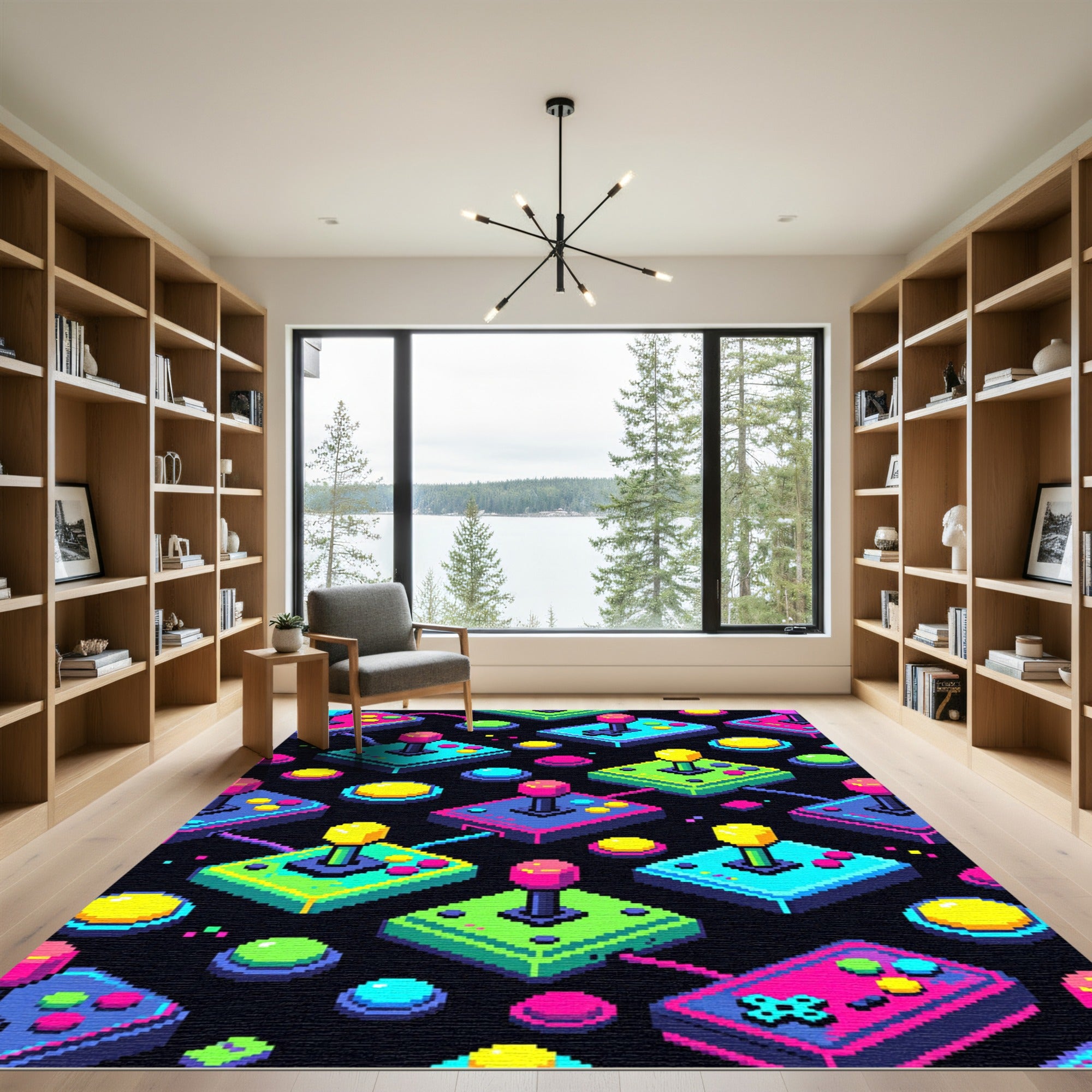 Neon Arcade Joystick Retro Gaming Grid Rug