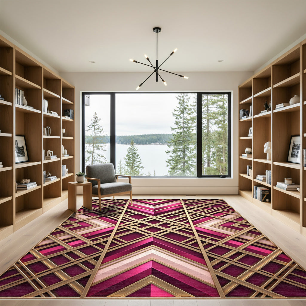 Art Deco Magenta Gold Geometric Statement Rug