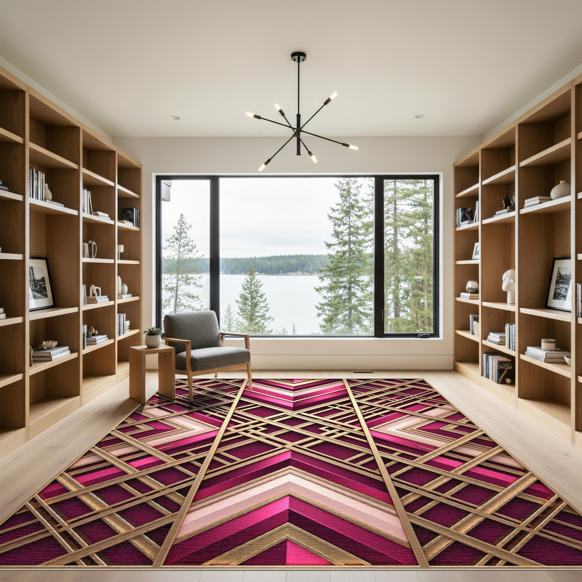 Art Deco Magenta Gold Geometric Statement Rug