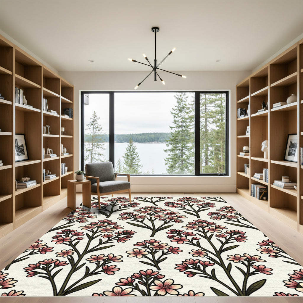 Pink Blossom Branches Cream Background Rug