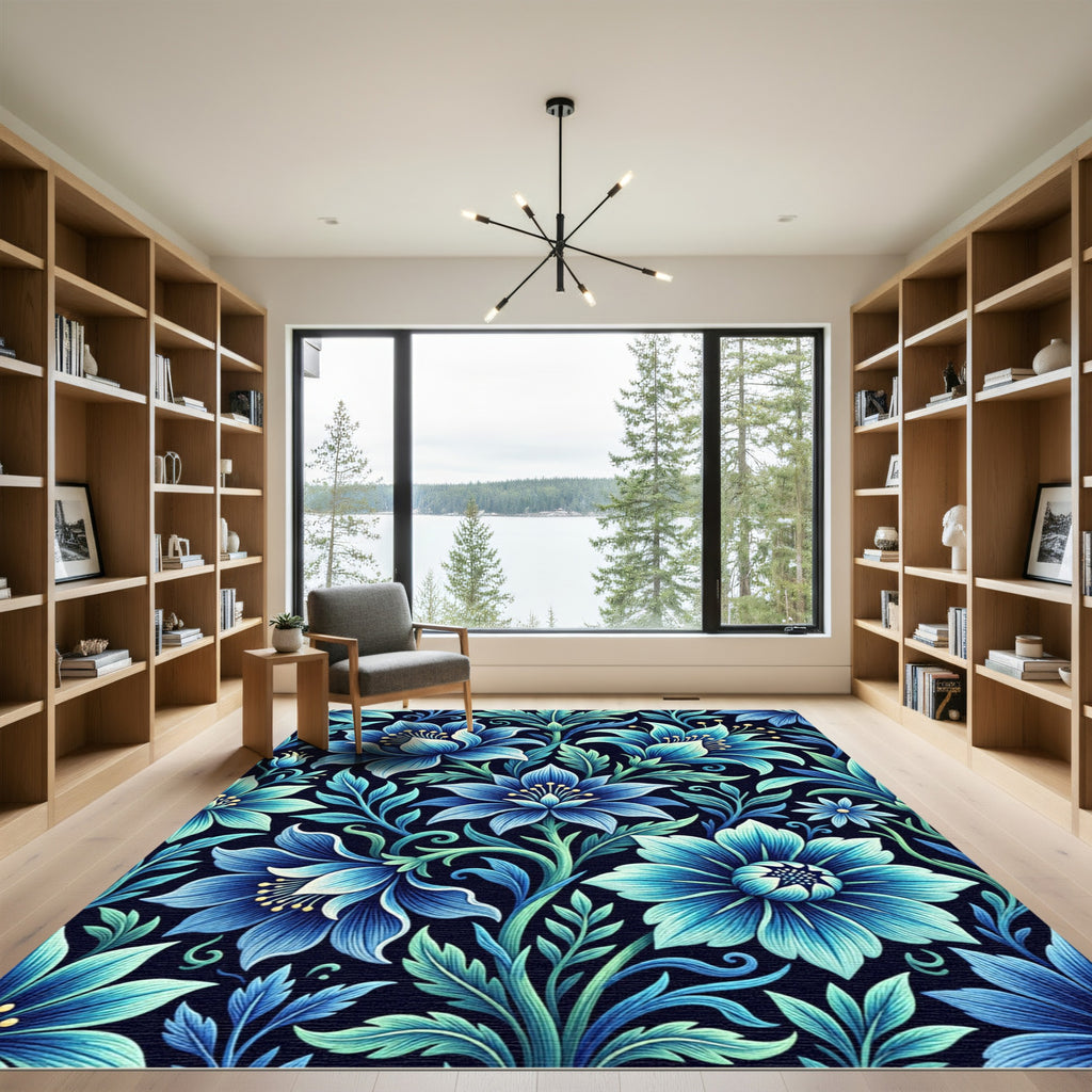 Deep Blue Floral Vine Imagery Rug