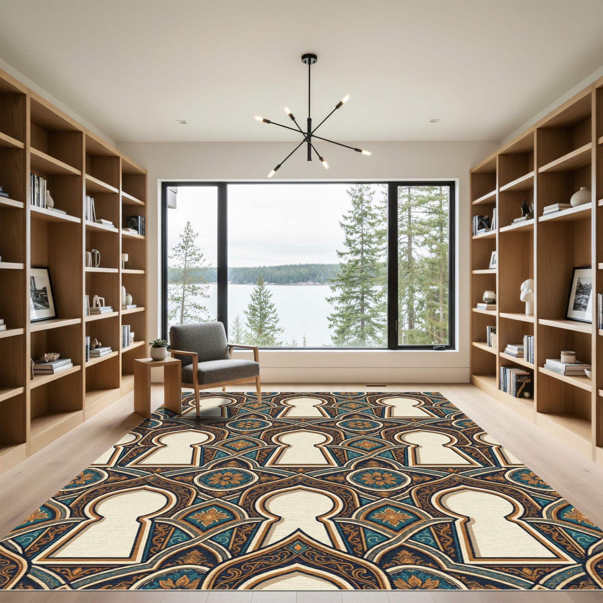 Golden Arch Medallion Teal Ornate Tile Rug