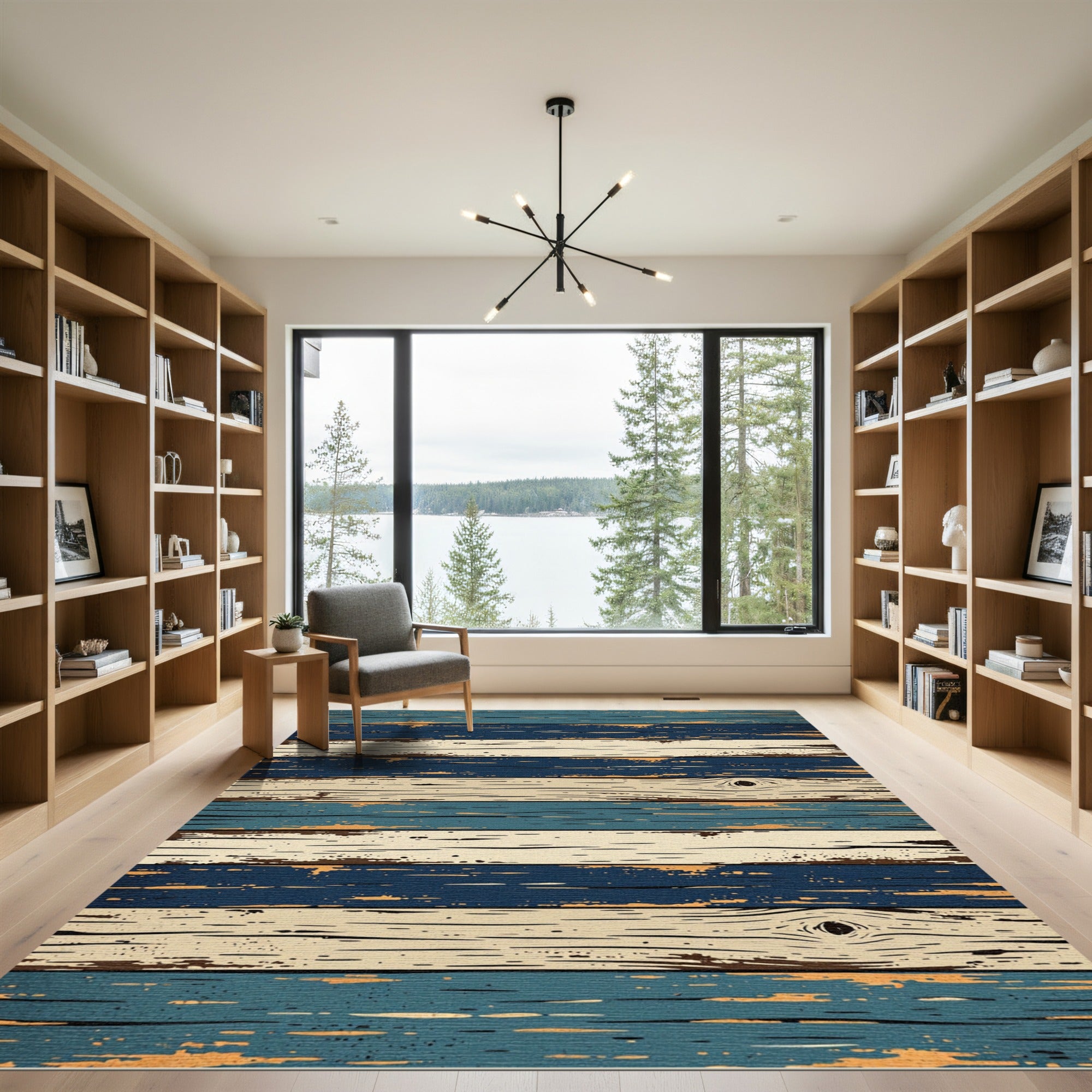 Distressed Navy and Cream Horizontal Planks Rug