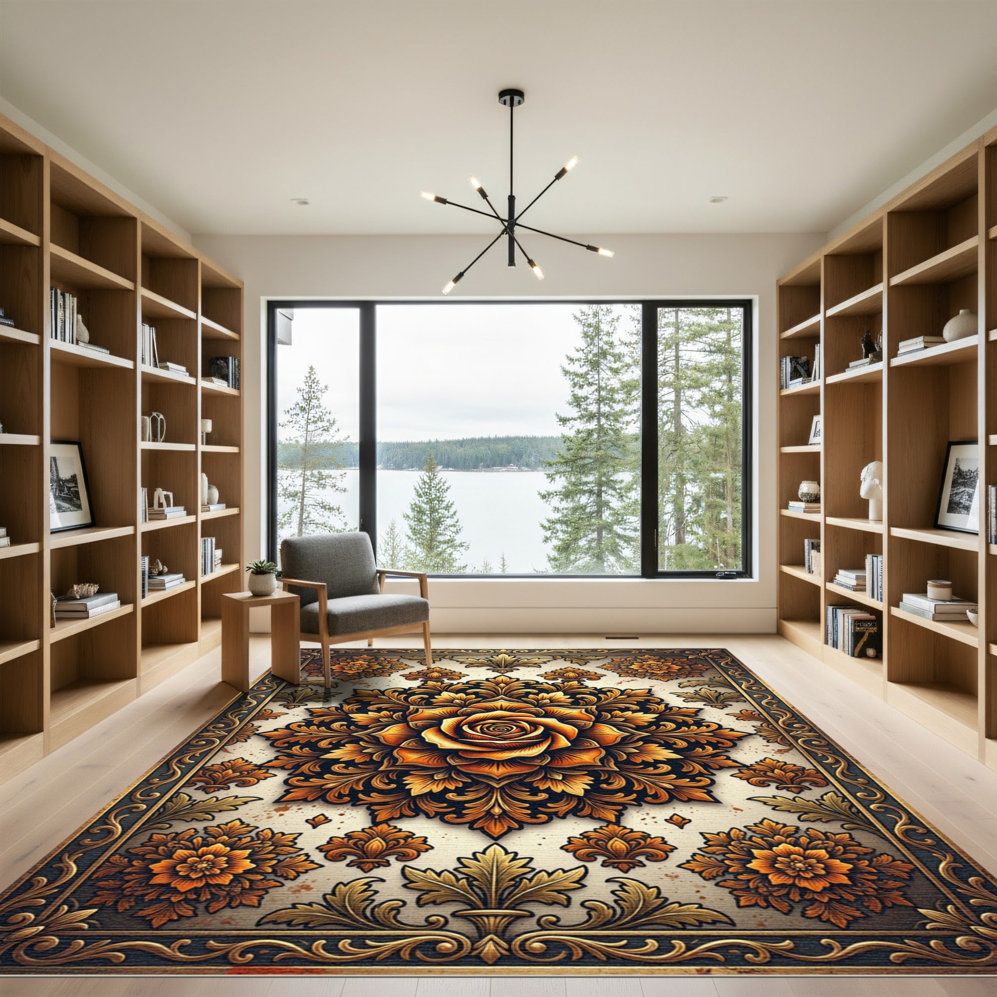 Ornate Amber Rose Floral Medallion Rug