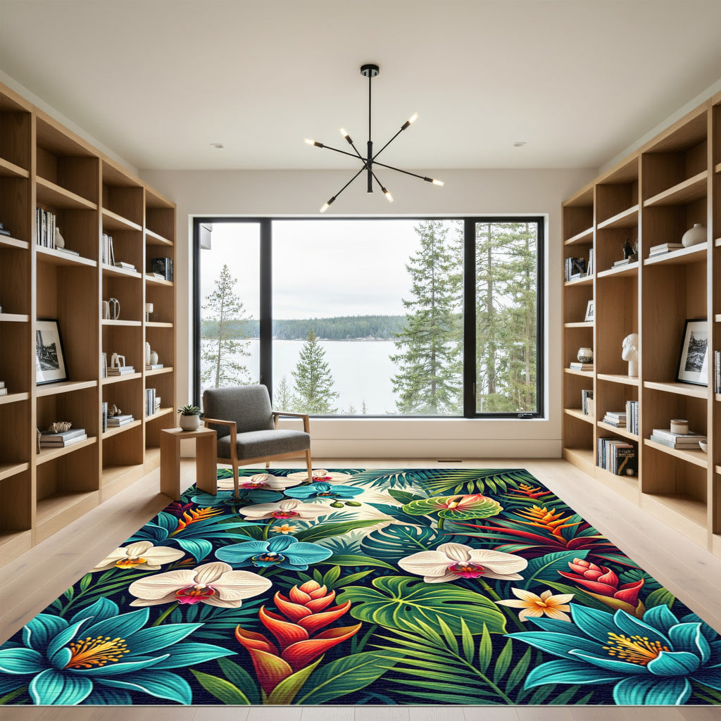 Tropical Orchid Bloom Leaf Collage Rug