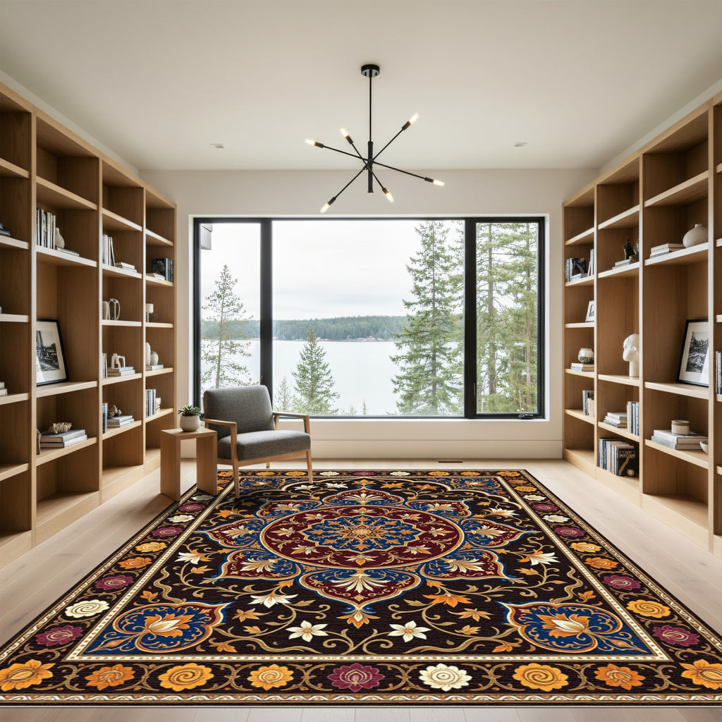 Elegant Crimson Blue Floral Medallion Rug