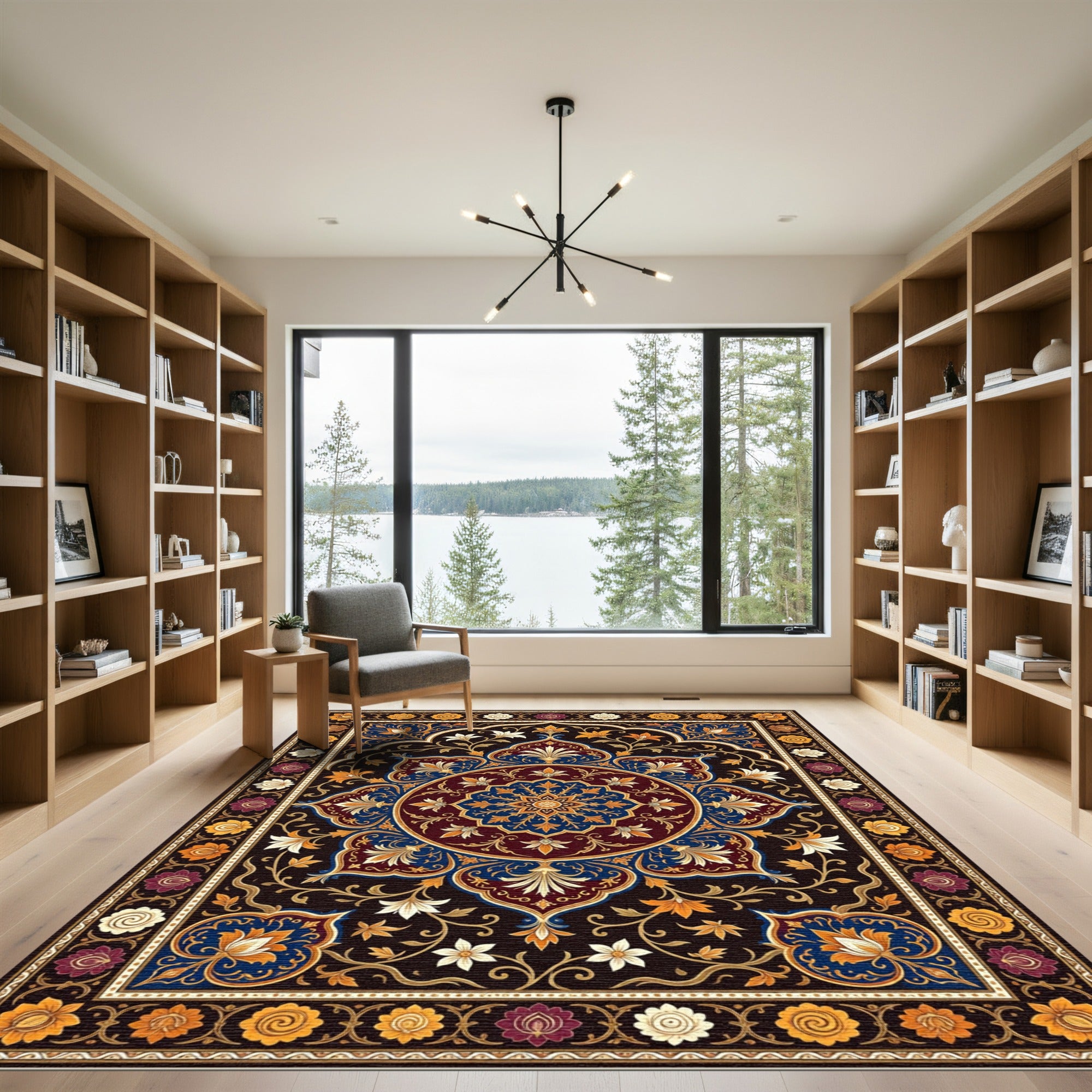 Elegant Crimson Blue Floral Medallion Rug