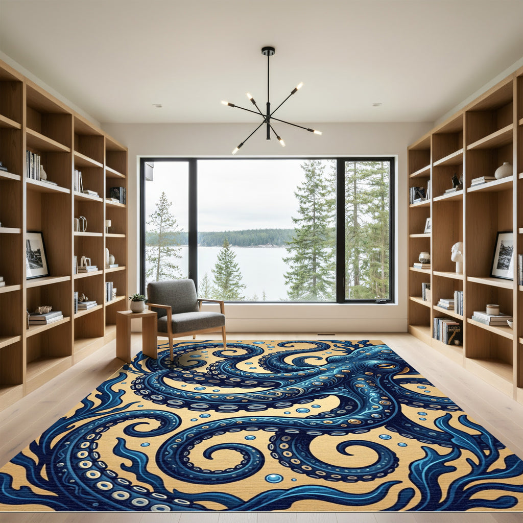 Intricate Navy Octopus with Golden Accents Rug